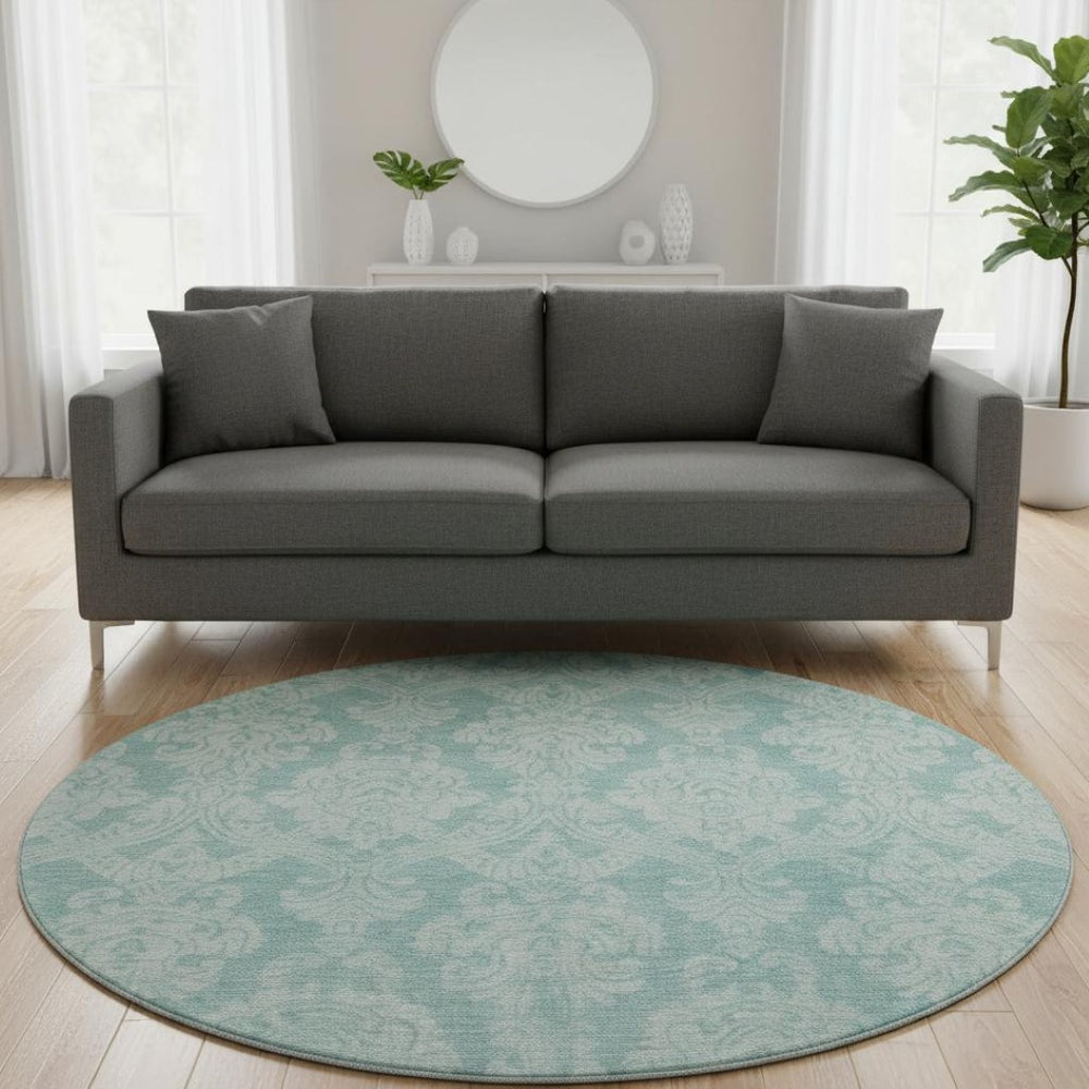 HomeRoots 8' Aqua Teal and Ivory Damask Round Rug – Washable, Durable, UV Protected for Modern Spaces 696353