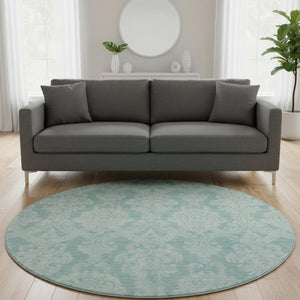 HomeRoots 8' Aqua Teal and Ivory Damask Round Rug – Washable, Durable, UV Protected for Modern Spaces 696353