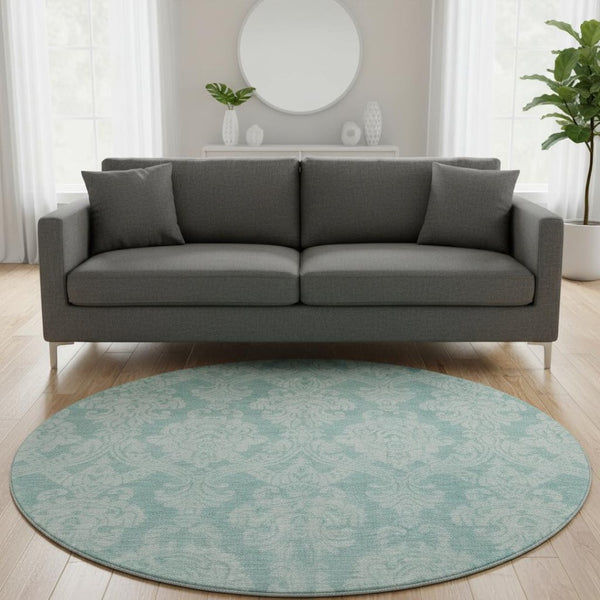 HomeRoots 8' Aqua Teal and Ivory Damask Round Rug – Washable, Durable, UV Protected for Modern Spaces 696353