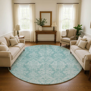 HomeRoots 8' Aqua Teal and Ivory Damask Round Rug – Washable, Durable, UV Protected for Modern Spaces 696353