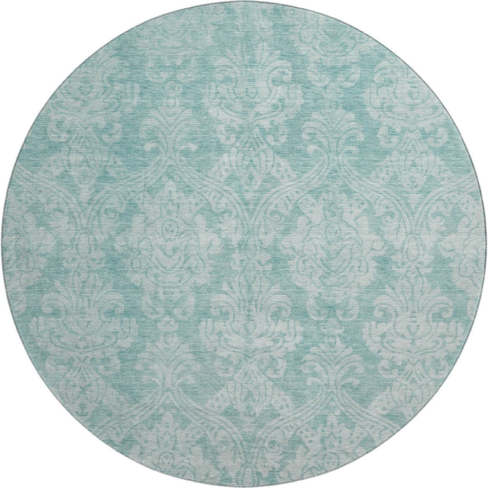 HomeRoots 8' Aqua Teal and Ivory Damask Round Rug – Washable, Durable, UV Protected for Modern Spaces 696353
