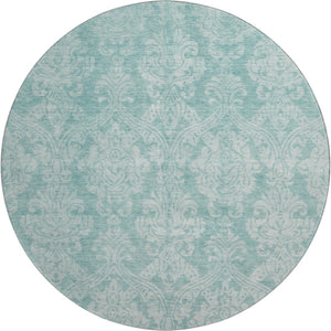 HomeRoots 8' Aqua Teal and Ivory Damask Round Rug – Washable, Durable, UV Protected for Modern Spaces 696353