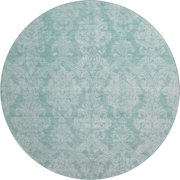 HomeRoots 8' Aqua Teal and Ivory Damask Round Rug – Washable, Durable, UV Protected for Modern Spaces 696353