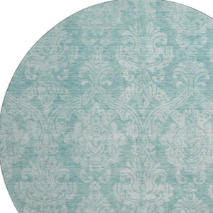 HomeRoots 8' Aqua Teal and Ivory Damask Round Rug – Washable, Durable, UV Protected for Modern Spaces 696353