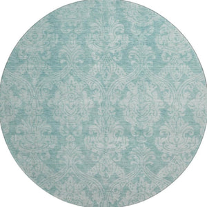HomeRoots 8' Aqua Teal and Ivory Damask Round Rug – Washable, Durable, UV Protected for Modern Spaces 696353