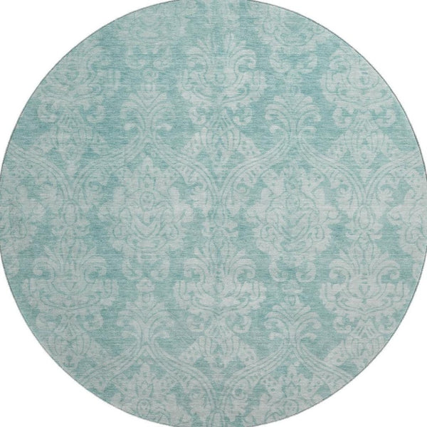 HomeRoots 8' Aqua Teal and Ivory Damask Round Rug – Washable, Durable, UV Protected for Modern Spaces 696353