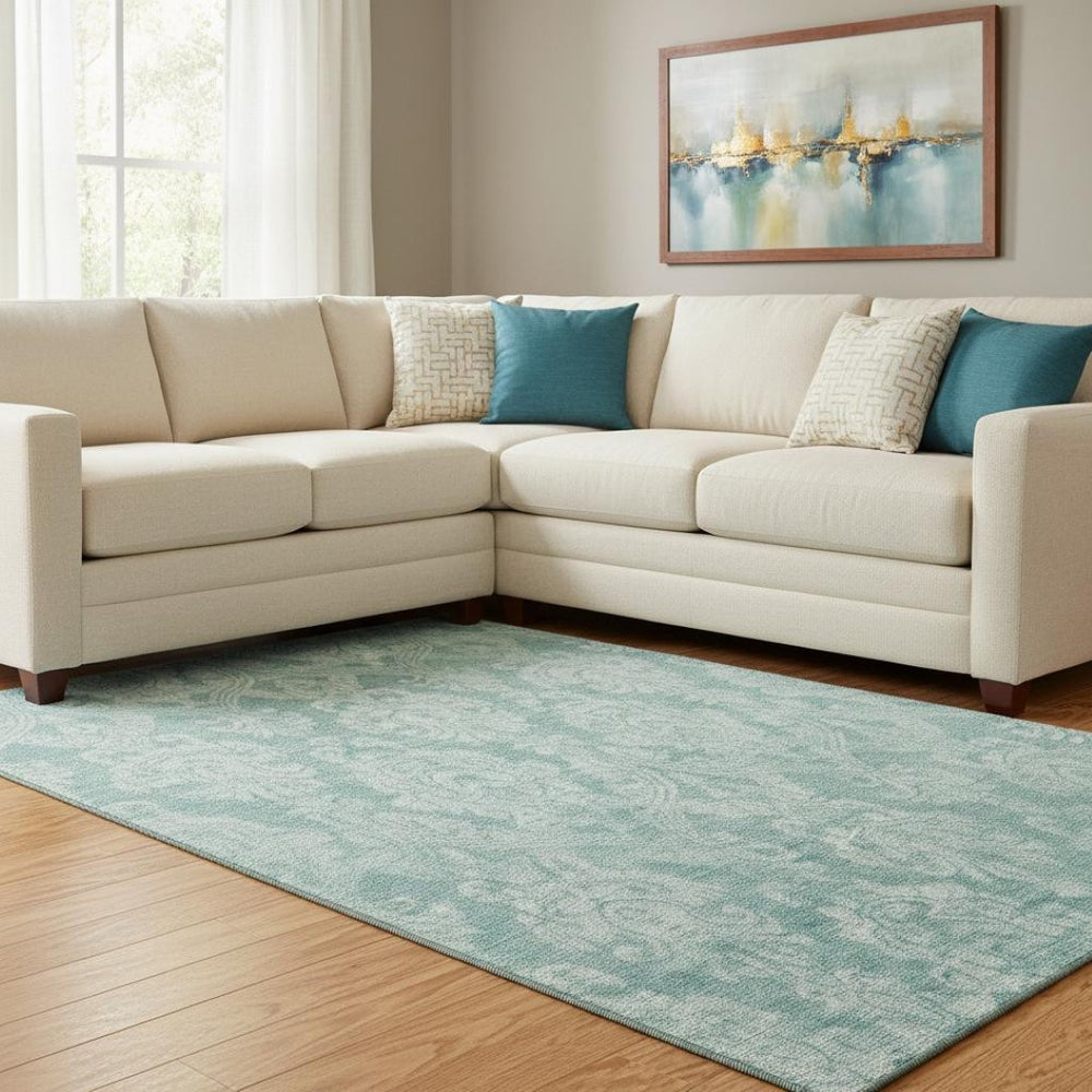HomeRoots 8' X 10' Aqua Teal & Ivory Damask Area Rug – Washable, UV Protected, Durable for Family Spaces 696354
