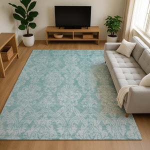 HomeRoots 8' X 10' Aqua Teal & Ivory Damask Area Rug – Washable, UV Protected, Durable for Family Spaces 696354
