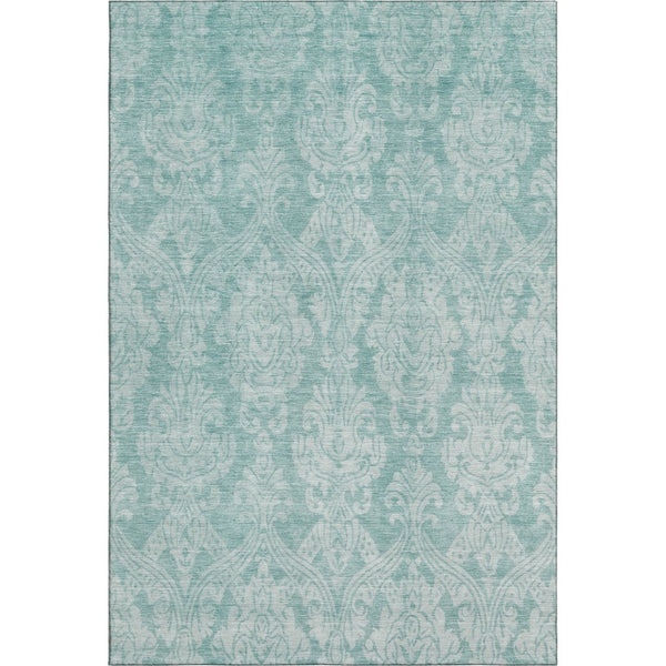 HomeRoots 8' X 10' Aqua Teal & Ivory Damask Area Rug – Washable, UV Protected, Durable for Family Spaces 696354