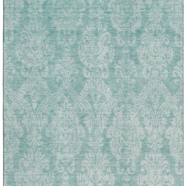 HomeRoots 8' X 10' Aqua Teal & Ivory Damask Area Rug – Washable, UV Protected, Durable for Family Spaces 696354