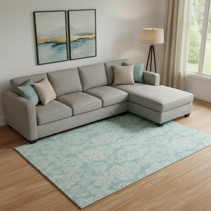 HomeRoots 9' X 12' Aqua Teal Damask Area Rug – Washable, UV Protected, Stain Resistant for Stylish Durability 696355