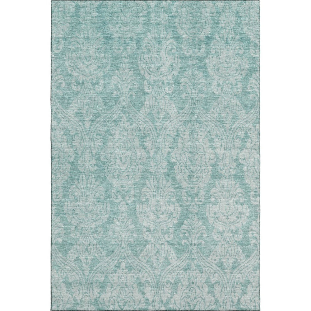 HomeRoots 9' X 12' Aqua Teal Damask Area Rug – Washable, UV Protected, Stain Resistant for Stylish Durability 696355