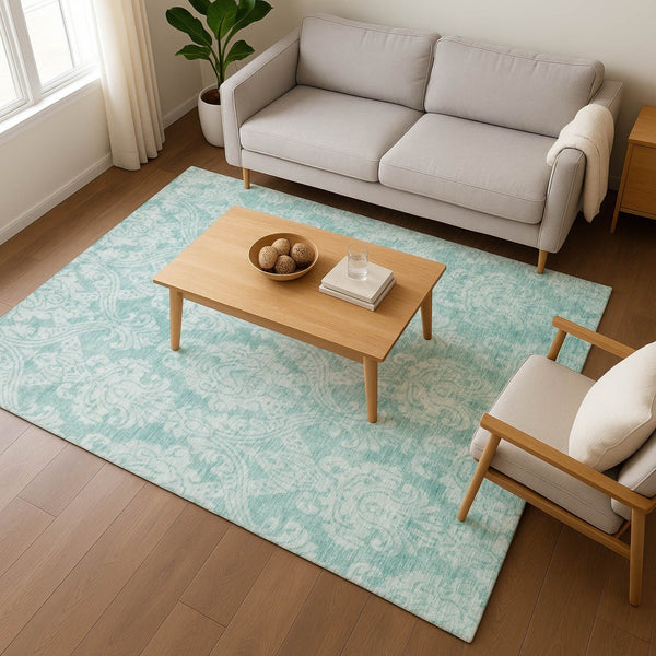 HomeRoots 9' X 12' Aqua Teal Damask Area Rug – Washable, UV Protected, Stain Resistant for Stylish Durability 696355