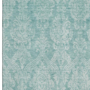 HomeRoots 9' X 12' Aqua Teal Damask Area Rug – Washable, UV Protected, Stain Resistant for Stylish Durability 696355