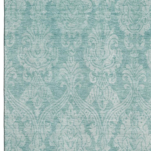 HomeRoots 9' X 12' Aqua Teal Damask Area Rug – Washable, UV Protected, Stain Resistant for Stylish Durability 696355