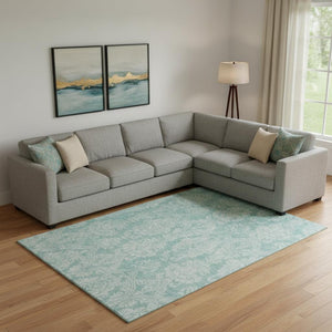 HomeRoots 10' Aqua Teal and Ivory Damask Area Rug - Washable, UV-Protected, Stain Resistant for Family Spaces 696356