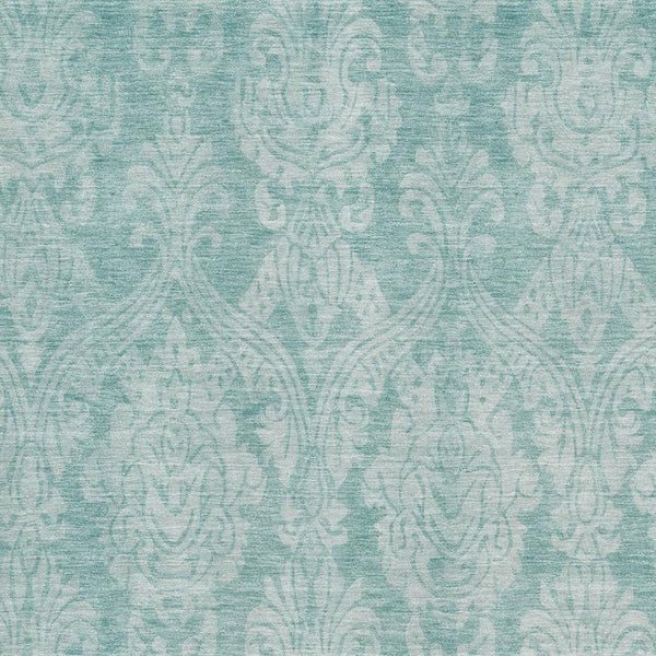 HomeRoots 10' Aqua Teal and Ivory Damask Area Rug - Washable, UV-Protected, Stain Resistant for Family Spaces 696356