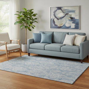 HomeRoots 5' X 8' Elegant Blue And Ivory Damask Area Rug - Washable, UV Protected, Stain Resistant, Durable Design 696358