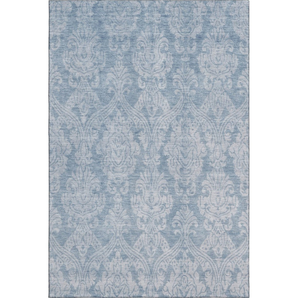 HomeRoots 5' X 8' Elegant Blue And Ivory Damask Area Rug - Washable, UV Protected, Stain Resistant, Durable Design 696358