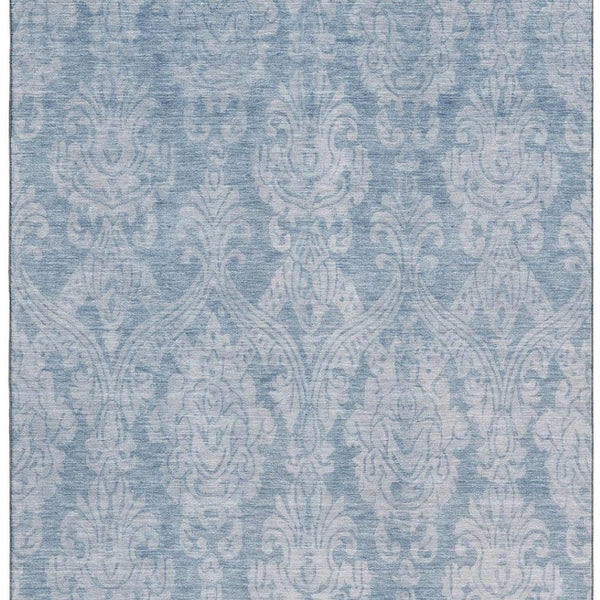 HomeRoots 5' X 8' Elegant Blue And Ivory Damask Area Rug - Washable, UV Protected, Stain Resistant, Durable Design 696358