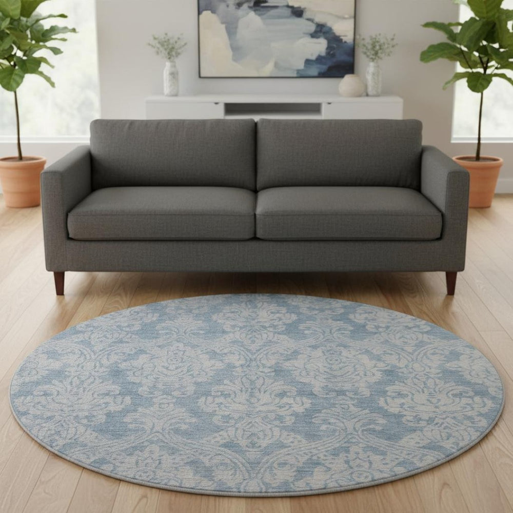 HomeRoots 8' Blue and Ivory Damask Washable Round Rug - Elegant, Durable, UV-Protected, Ideal for Homes with Kids & Pets 696359