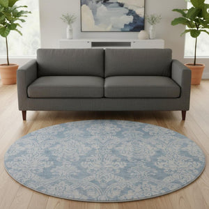 HomeRoots 8' Blue and Ivory Damask Washable Round Rug - Elegant, Durable, UV-Protected, Ideal for Homes with Kids & Pets 696359