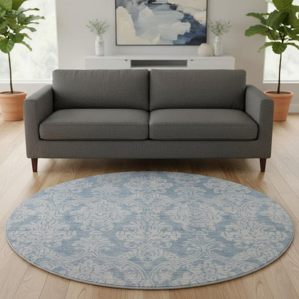 HomeRoots 8' Blue and Ivory Damask Washable Round Rug - Elegant, Durable, UV-Protected, Ideal for Homes with Kids & Pets 696359