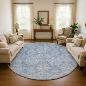 HomeRoots 8' Blue and Ivory Damask Washable Round Rug - Elegant, Durable, UV-Protected, Ideal for Homes with Kids & Pets 696359