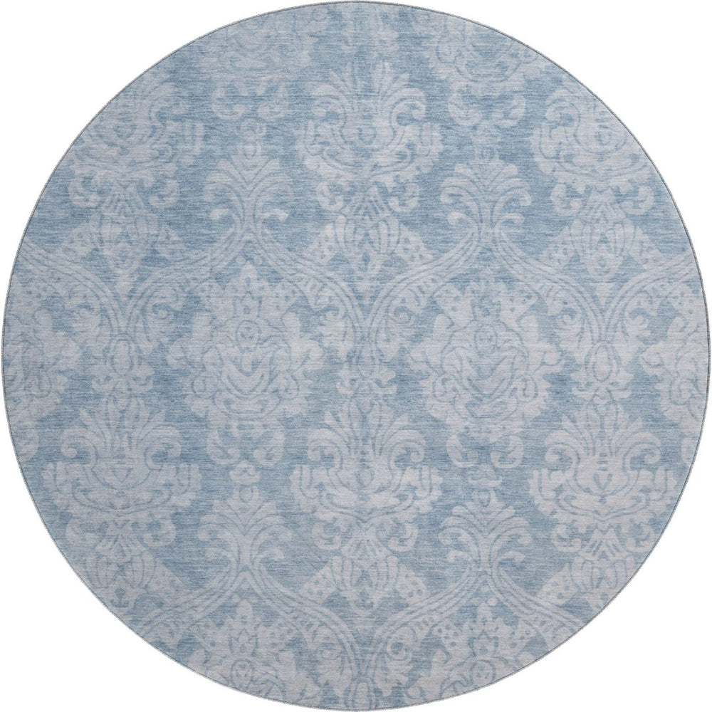 HomeRoots 8' Blue and Ivory Damask Washable Round Rug - Elegant, Durable, UV-Protected, Ideal for Homes with Kids & Pets 696359