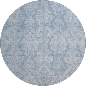 HomeRoots 8' Blue and Ivory Damask Washable Round Rug - Elegant, Durable, UV-Protected, Ideal for Homes with Kids & Pets 696359