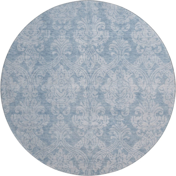 HomeRoots 8' Blue and Ivory Damask Washable Round Rug - Elegant, Durable, UV-Protected, Ideal for Homes with Kids & Pets 696359
