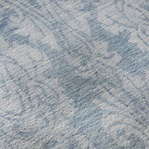 HomeRoots 8' Blue and Ivory Damask Washable Round Rug - Elegant, Durable, UV-Protected, Ideal for Homes with Kids & Pets 696359