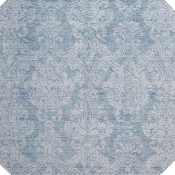 HomeRoots 8' Blue and Ivory Damask Washable Round Rug - Elegant, Durable, UV-Protected, Ideal for Homes with Kids & Pets 696359