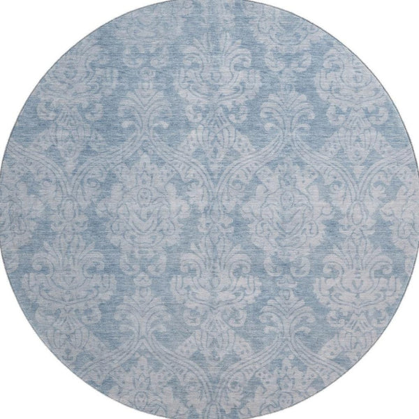 HomeRoots 8' Blue and Ivory Damask Washable Round Rug - Elegant, Durable, UV-Protected, Ideal for Homes with Kids & Pets 696359