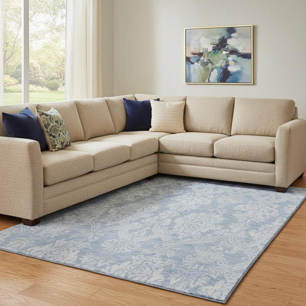 HomeRoots 8' X 10' Blue And Ivory Damask Area Rug – Washable, UV Protected, Stain Resistant for Stylish Spaces 696360