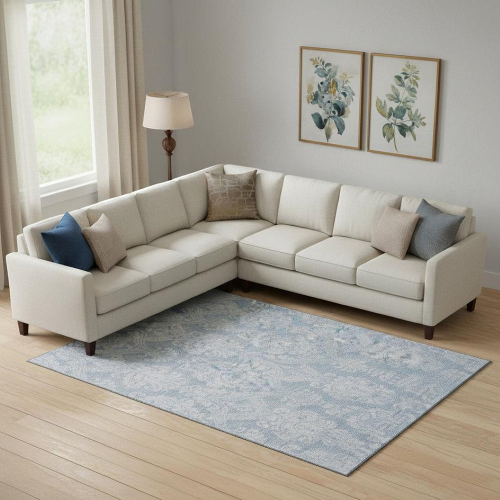 HomeRoots 9' X 12' Blue and Ivory Damask Area Rug - Washable, UV Protected, Stylish & Durable for High Traffic Areas 696361