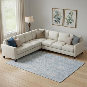 HomeRoots 9' X 12' Blue and Ivory Damask Area Rug - Washable, UV Protected, Stylish & Durable for High Traffic Areas 696361