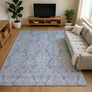 HomeRoots 9' X 12' Blue and Ivory Damask Area Rug - Washable, UV Protected, Stylish & Durable for High Traffic Areas 696361