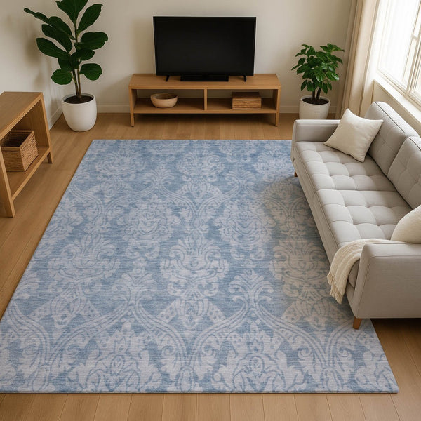 HomeRoots 9' X 12' Blue and Ivory Damask Area Rug - Washable, UV Protected, Stylish & Durable for High Traffic Areas 696361