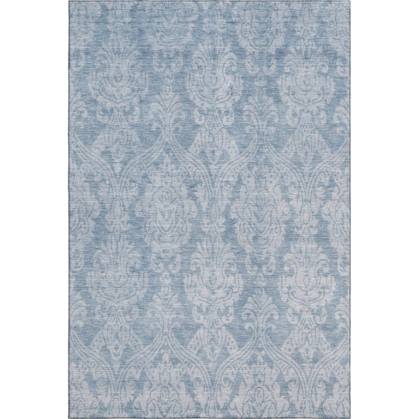 HomeRoots 9' X 12' Blue and Ivory Damask Area Rug - Washable, UV Protected, Stylish & Durable for High Traffic Areas 696361
