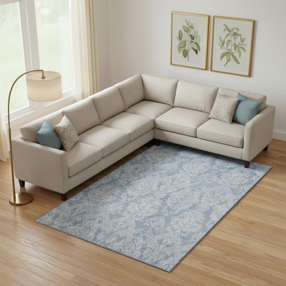 HomeRoots 10' X 14' Blue and Ivory Damask Area Rug - Washable, UV-Protected, Stylish & Durable for Your Home! 696362