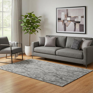 HomeRoots 5' X 8' Gray and Silver Damask Washable Area Rug with UV Protection for Elegant Home Decor Solutions 696364