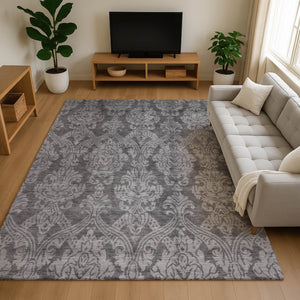 HomeRoots 5' X 8' Gray and Silver Damask Washable Area Rug with UV Protection for Elegant Home Decor Solutions 696364