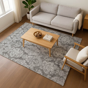 HomeRoots 5' X 8' Gray and Silver Damask Washable Area Rug with UV Protection for Elegant Home Decor Solutions 696364