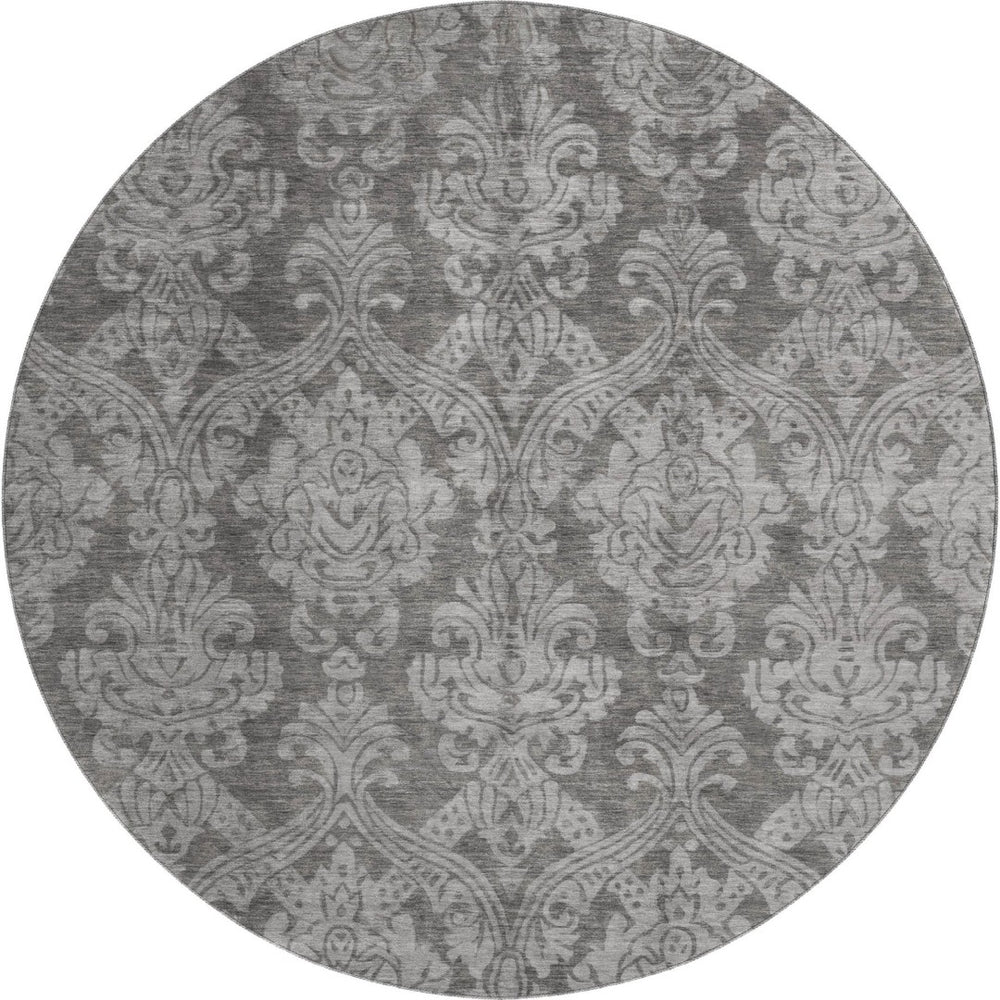 HomeRoots 8' Gray and Silver Damask Round Rug - Washable, UV-Protected, Stylish & Durable for Busy Homes 696365