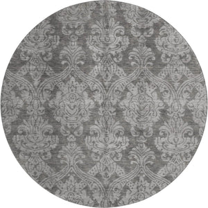 HomeRoots 8' Gray and Silver Damask Round Rug - Washable, UV-Protected, Stylish & Durable for Busy Homes 696365