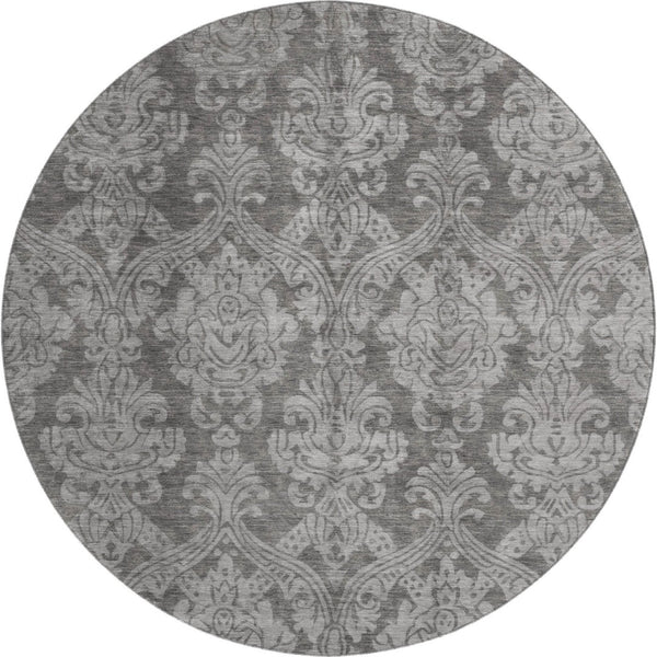 HomeRoots 8' Gray and Silver Damask Round Rug - Washable, UV-Protected, Stylish & Durable for Busy Homes 696365
