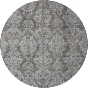 HomeRoots 8' Gray and Silver Damask Round Rug - Washable, UV-Protected, Stylish & Durable for Busy Homes 696365