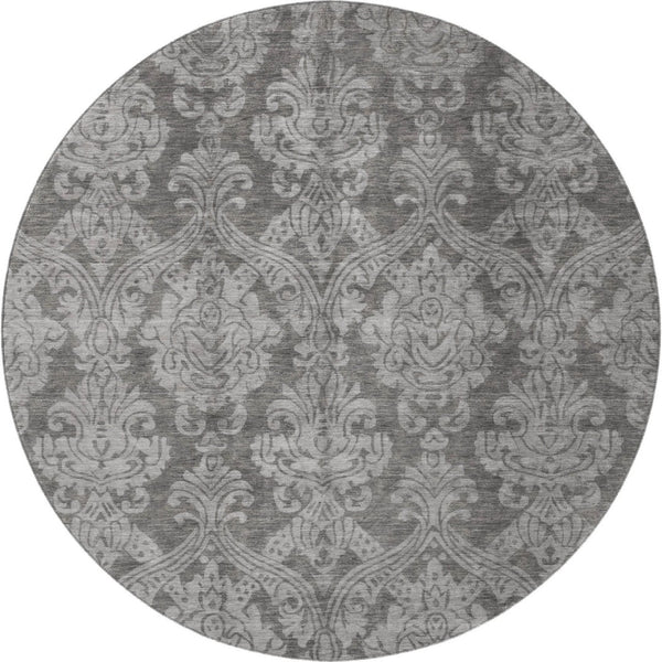 HomeRoots 8' Gray and Silver Damask Round Rug - Washable, UV-Protected, Stylish & Durable for Busy Homes 696365