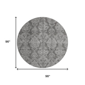 HomeRoots 8' Gray and Silver Damask Round Rug - Washable, UV-Protected, Stylish & Durable for Busy Homes 696365
